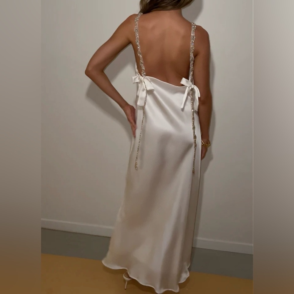 Elegant White Satin Dress w/ rhinestone straps